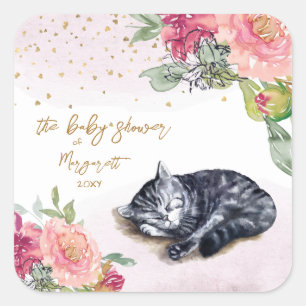 Sleepy Kitten Illustration Girl Baby shower Vierkante Sticker