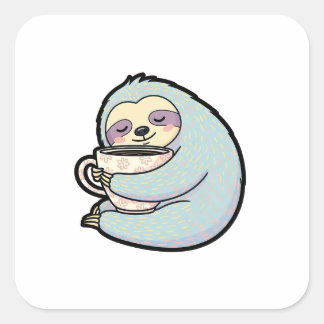 Sleepy Sloth with Coffee – Cute Cozy Illustration Vierkante Sticker