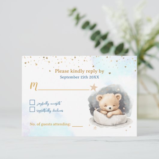 Sleepy Teddy Bear Boy Baby shower Response Kaart (Staand voorkant)