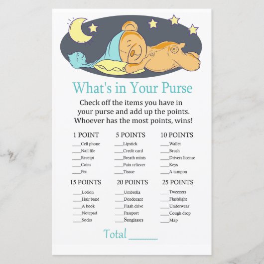 Sleepy teddy beer Wat zit er in je handtas? (Voorkant)