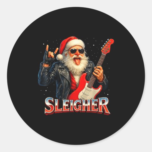 Sleigher Rock Santa Funny Metal Christmas Design Ronde Sticker (Voorkant)