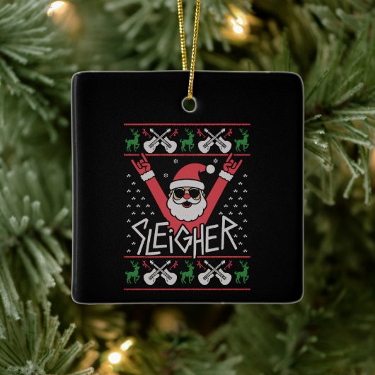 Sleigher Santa Christmas Rock n Roll Ugly Sweat Keramisch Ornament (Boom)
