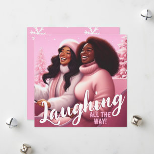 Sleighin' Sisters Feestelijk Lachen Pastel Roze Feestdagenkaart