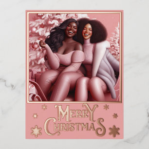 Sleighin' Sisters Feestelijk Lachen Pastel Roze Folie Feestdagen Briefkaart