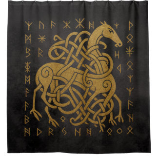 Sleipnir, Gouden Noorse Paard met Runen Symbool Douchegordijn