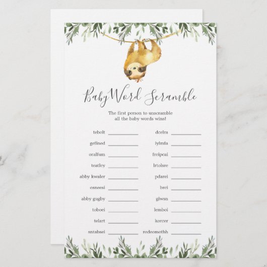 Sleuf Baby shower Word Scramble Game (Voorkant / Achterkant)