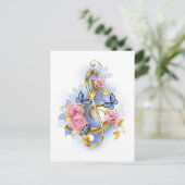 Sleutel met roze rozen feestdagenkaart (Staand voorkant)