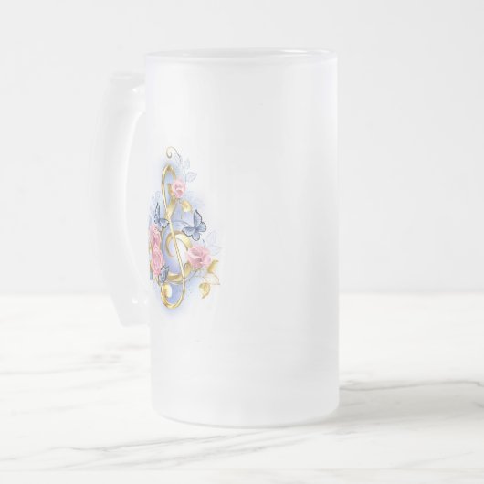 Sleutel met roze rozen matglas bierpul (Voorkant links)