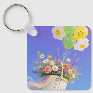 Sleutelhangers met glimlachballon en bloemenmand