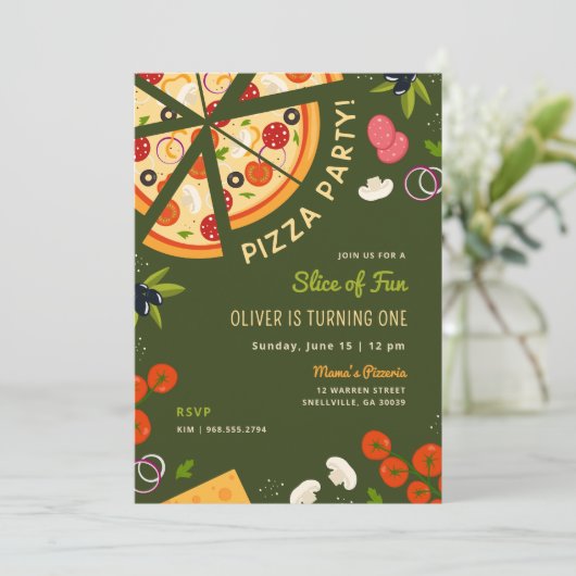 Slice of Fun 1st Verjaardag Pizza Party Kaart (Staand voorkant)