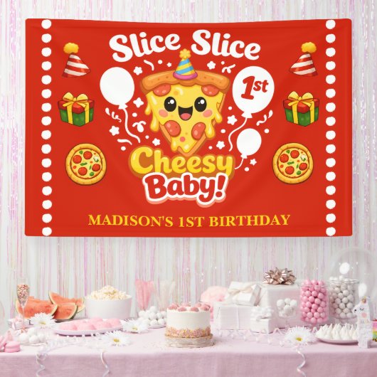 Slice Slice Baby Pizza 1st Birthday Horizontal Spandoek (Feest)
