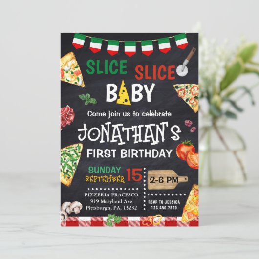 Slice Slice Baby Pizza Party 1e Verjaardag Kaart (Staand voorkant)