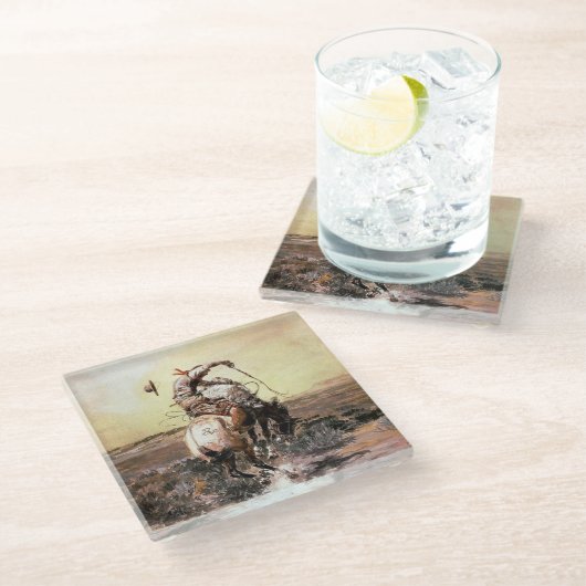 "Slick Rider" Westerne kunst van Charles M Russell Glazen Onderzetter (Schuin)