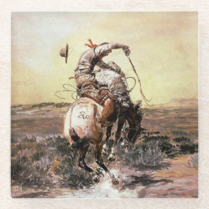 “Slick Rider” Westerse kunst van Charles M Russell Glazen Onderzetter