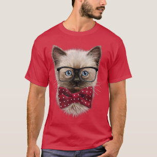 Slim kijkend Siamese kat, nerd-eleglass, Bow-Strop T-shirt