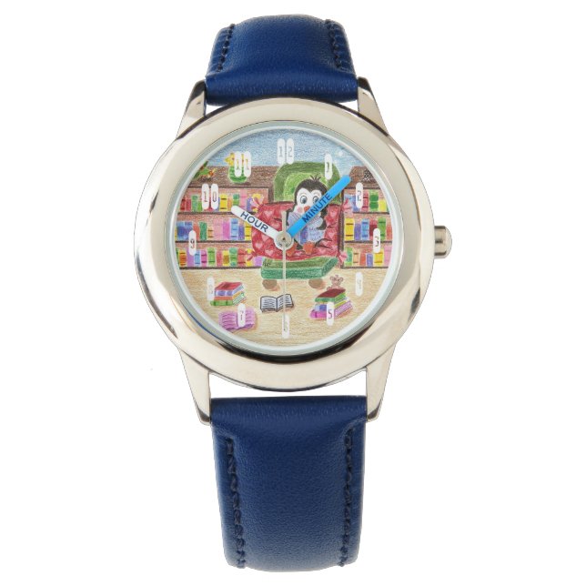 Slim lezen pinguïn blauw kinder horloge (Voorkant)