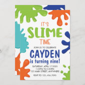 Slime Birthday Invitation Vert, bleu et orange (Devant / Derrière)