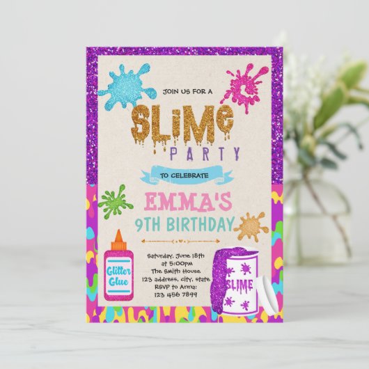 Slime meisje thema party Uitnodiging (Staand voorkant)