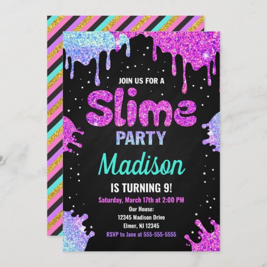 Slime Party Birthday Invitation Glitter Kaart (Voorkant / Achterkant)