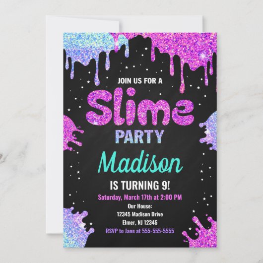Slime Party Verjaardag Uitnodiging Glitter (Voorkant)