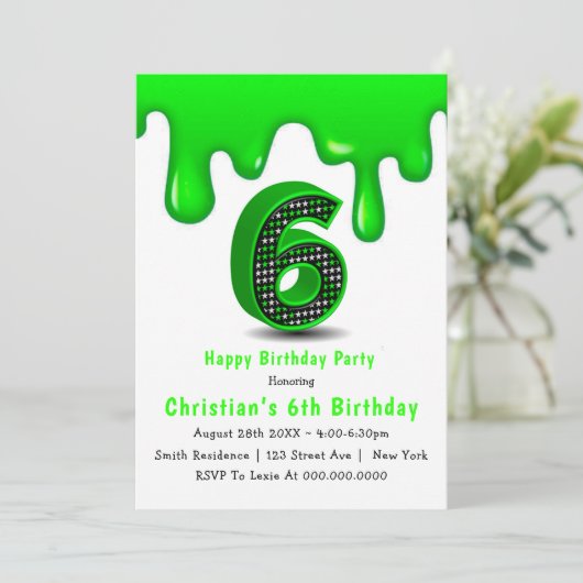 Slime vert 6e anniversaire Invitations (Debout devant)