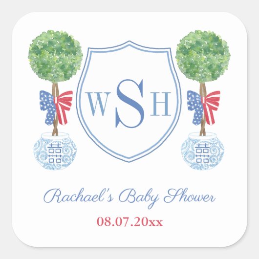 Slimme Buxus Monogram Wapenschild Trouw Shower Fav Vierkante Sticker (Voorkant)