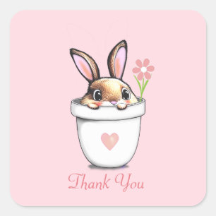 Slimme konijn met bloem & hart op lichtroze vierkante sticker