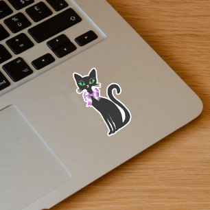 Slimme Zwarte Kat Groene Ogen Roze Strik Sticker