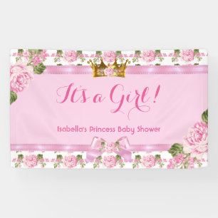 Slinger Prinses Baby Shower Roze Rozen Gouden Kroo Spandoek