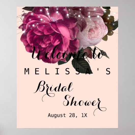 Slingerende lichten bordeauxrode bloemen bruidsdou poster (Voorkant)