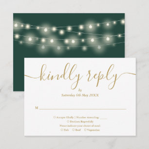Slingerende lichten groen en goud script maaltijdk RSVP kaartje