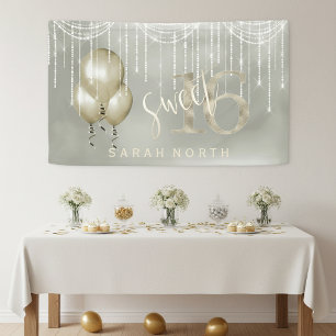 Slingerende Lichtjes & Ballonnen Sweet 16 Champagn Spandoek