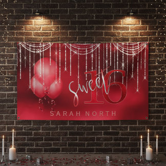 Slingerende Lichtjes & Ballonnen Sweet 16 Rood ID4 Spandoek