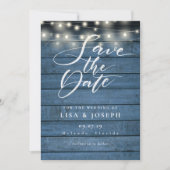 Slingerende Lichtjes Rustic Blauw Houten Foto Brui Save The Date (Voorkant)