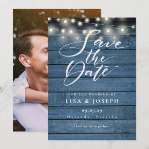 Slingerende Lichtjes Rustiek Blauw Hout Foto Bruil Save The Date