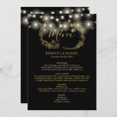 Slingerende Lichtjes Zwart En Gouden Bloem Bruilof Menu (Voorkant / Achterkant)