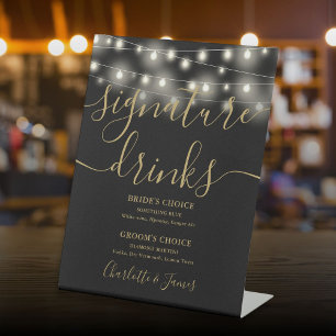 Slingerende Lichtjes Zwarte Gouden Trouw Signature Reclamebord Met Voetstuk