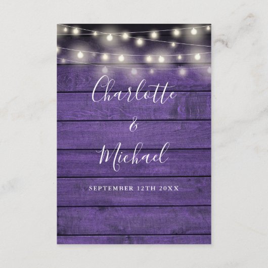 Slingerlicht Roestig Paarse Houten Trouwdetails Informatiekaartje (Achterkant)