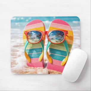 Slippers vast in het zand van het strand met zonne muismat