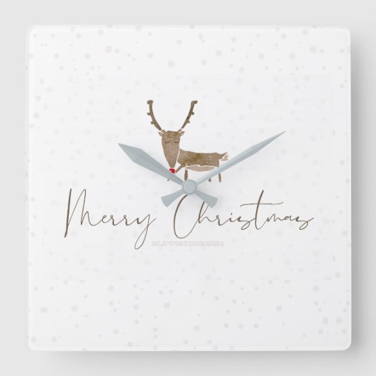 SlipperyJoe Merry Kerstfeest rendier rode neus mie Vierkante Klok (Voorkant)