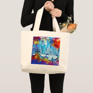 SlipperyJoe NYC graffiti maan omringd door wervele Grote Tote Bag