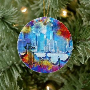 SlipperyJoe NYC graffiti maan omringd door wervele Keramisch Ornament