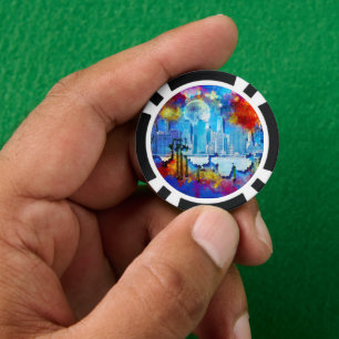 SlipperyJoe NYC graffiti maan omringd door wervele Poker Chips
