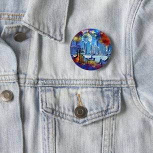 SlipperyJoe NYC graffiti maan omringd door wervele Ronde Button 5,7 Cm
