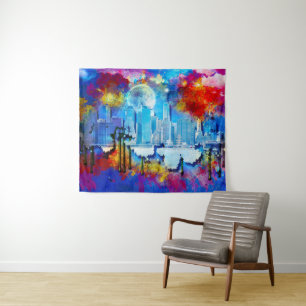 SlipperyJoe NYC graffiti maan omringd door wervele Wandkleed