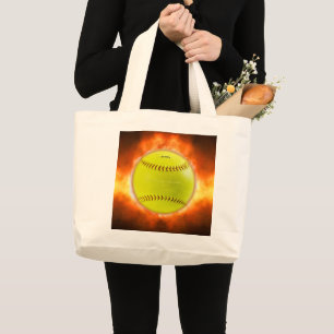 SlipperyJoe's gele softbal vuurbal vlammen rasp Grote Tote Bag