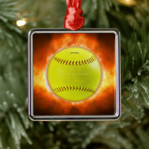 SlipperyJoe's gele softbal vuurbal vlammen rasp Metalen Ornament