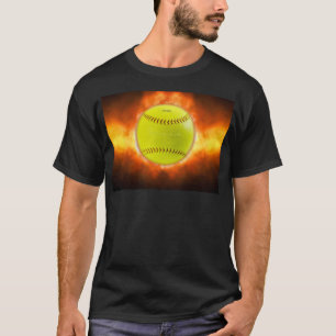 SlipperyJoe's gele softbal vuurbal vlammen rasp T-shirt