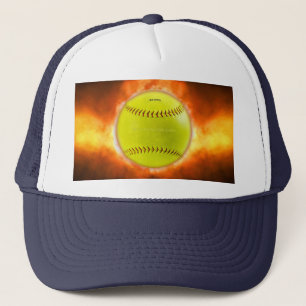 SlipperyJoe's gele softbal vuurbal vlammen rasp Trucker Pet