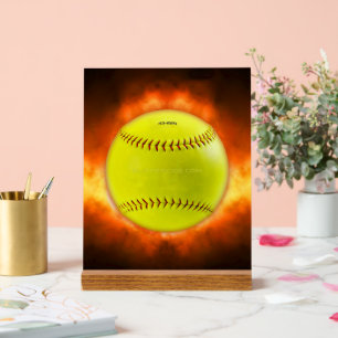 SlipperyJoe's gele softbal vuurbal vlammen raspen Acryl Bord